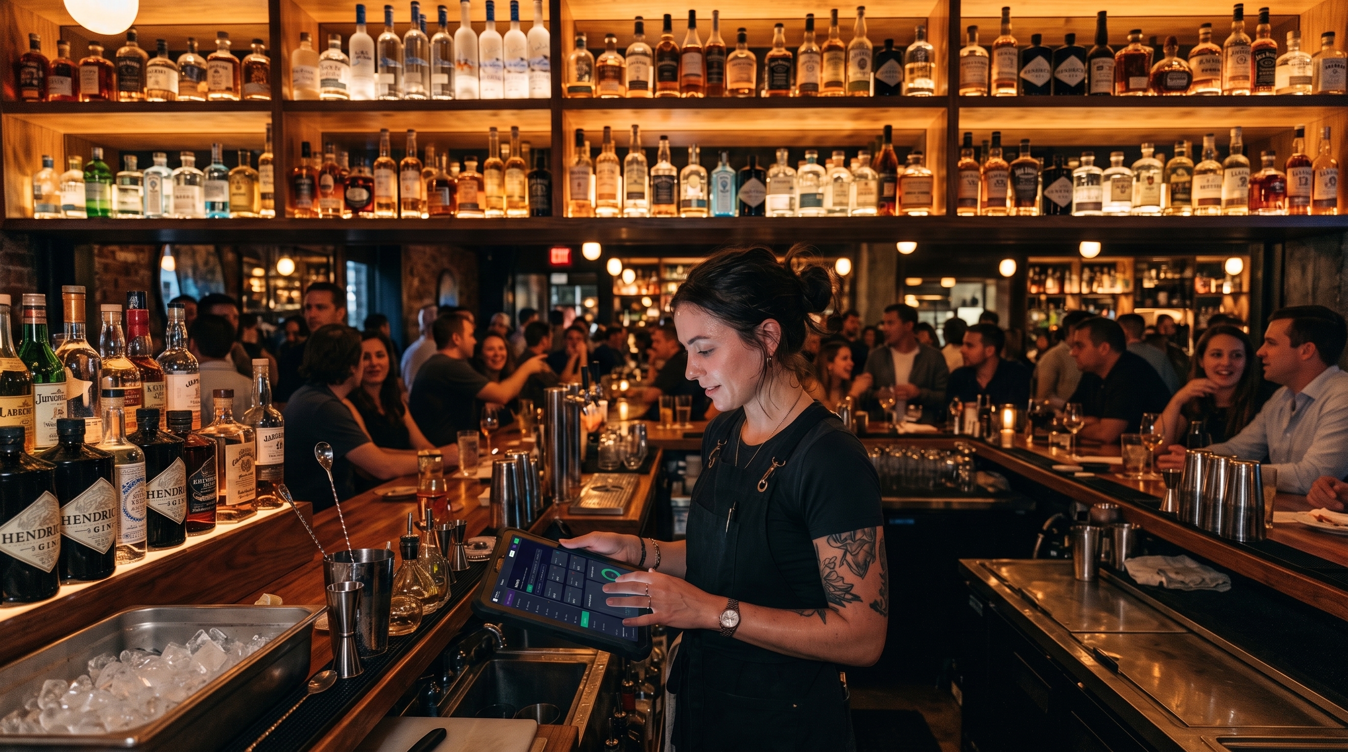 Bartender taking a card payment on a tablet POS system in a busy bar at night