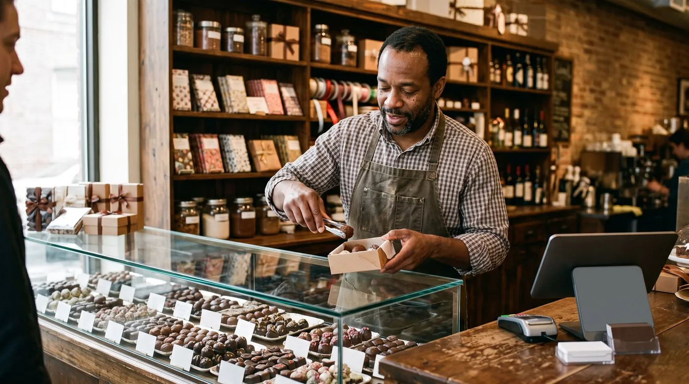 Chocolatier using tongs to build a mixed gift box from a glass display case, with a POS terminal on the shop counter