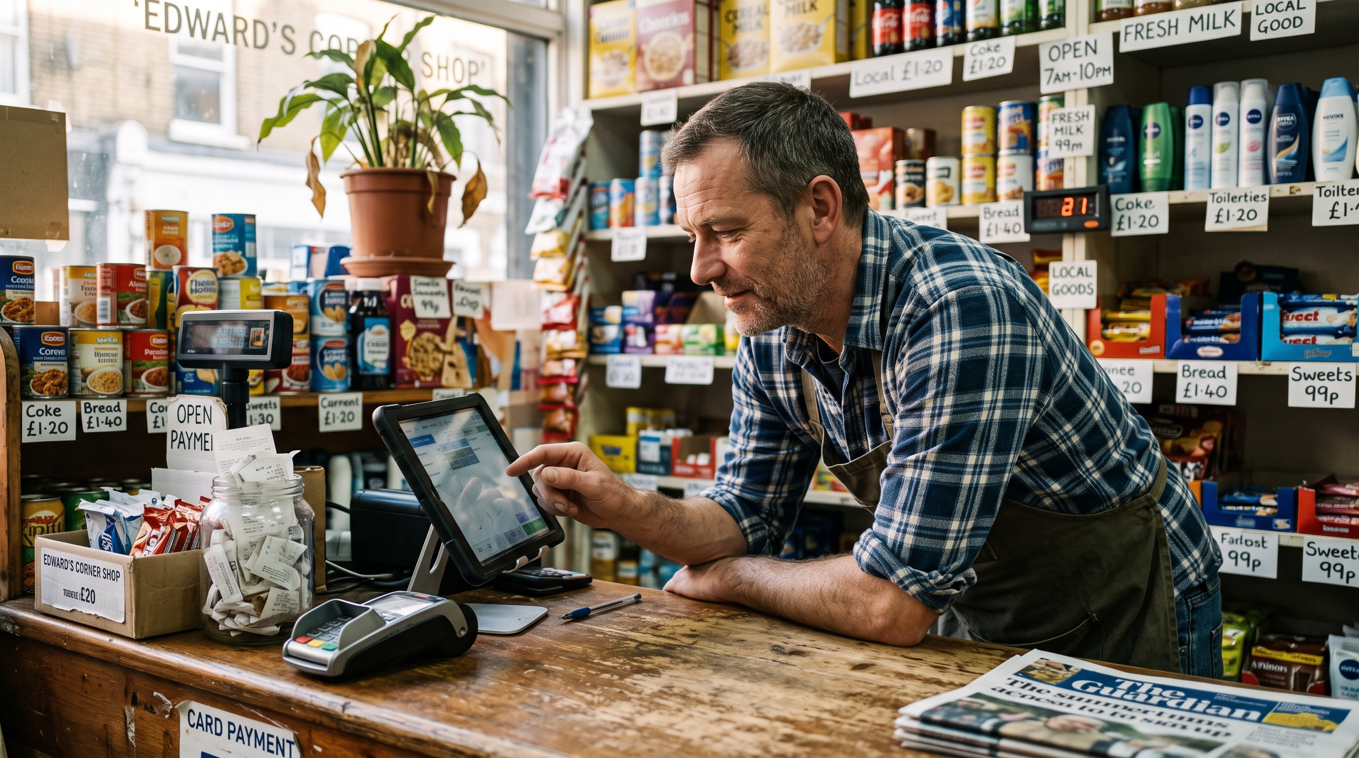 Cashier scanning a barcode at the counter of a busy neighborhood grocery store with a tablet POS and colorful stocked shelves
