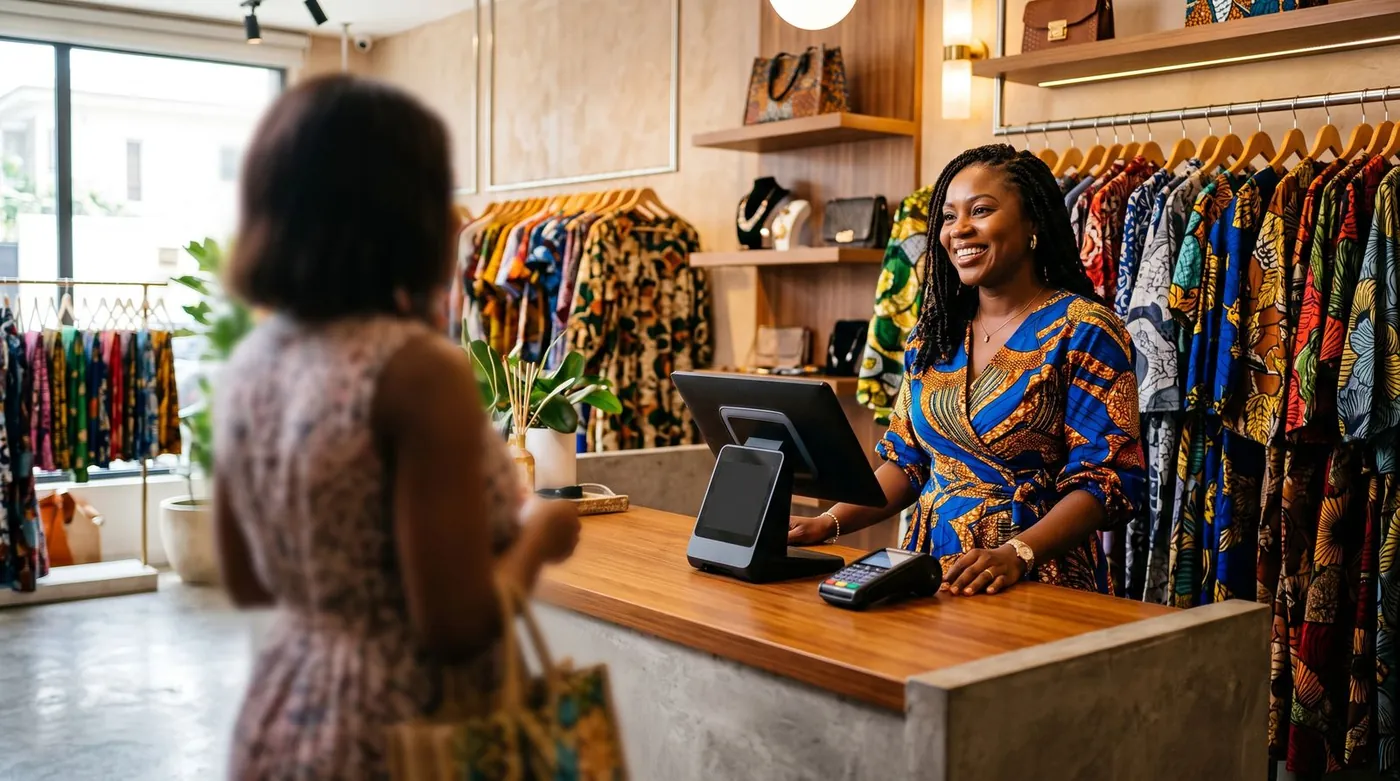 Shopkeeper at a boutique counter talking with a customer next to a point-of-sale terminal
