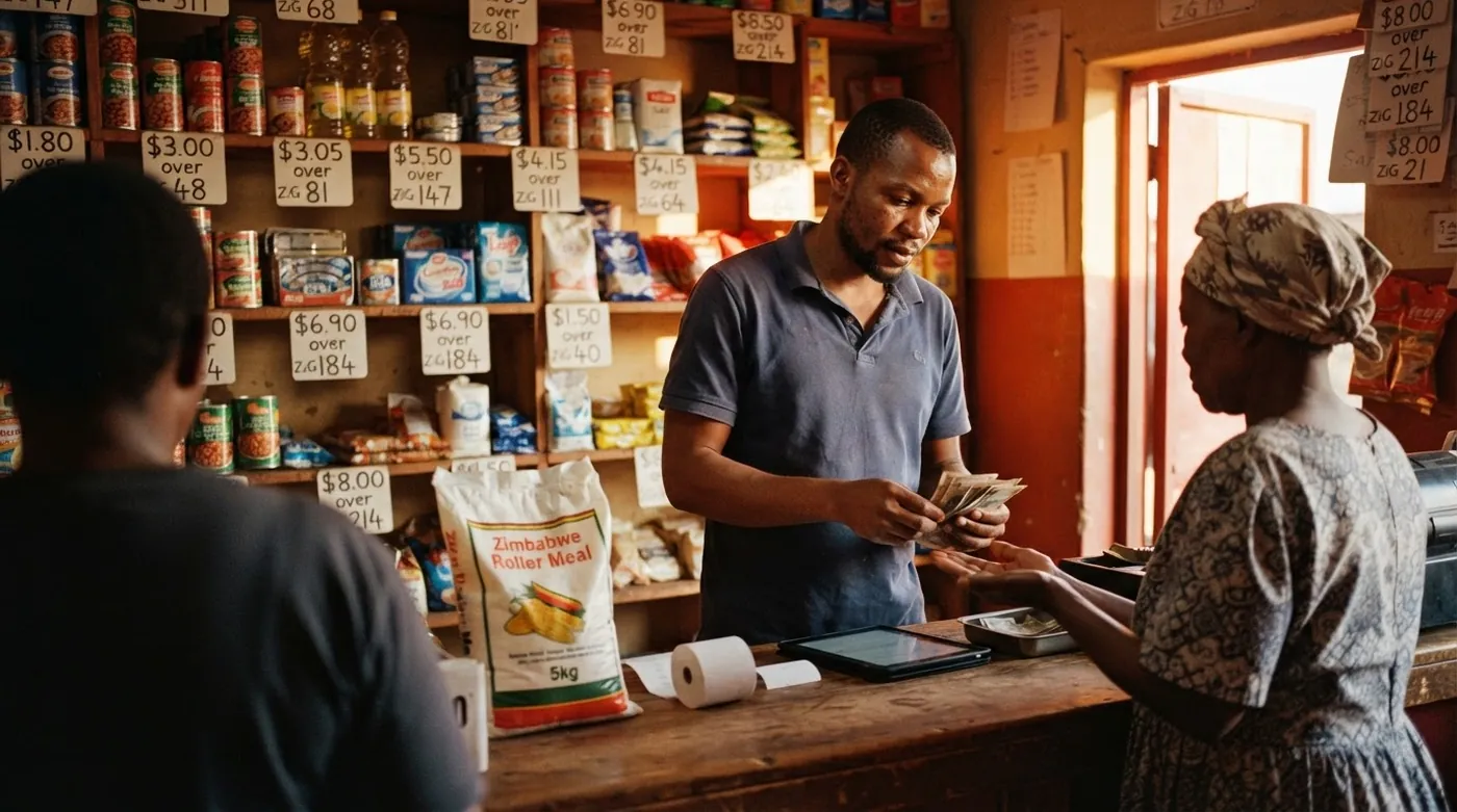 Shopkeeper counting banknotes to give change, shelf tags behind him priced in both US dollars and ZiG