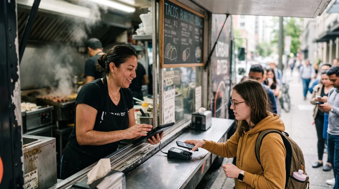 Food truck vendor taking a contactless payment on a tablet POS at the serving window during a busy street lunch rush