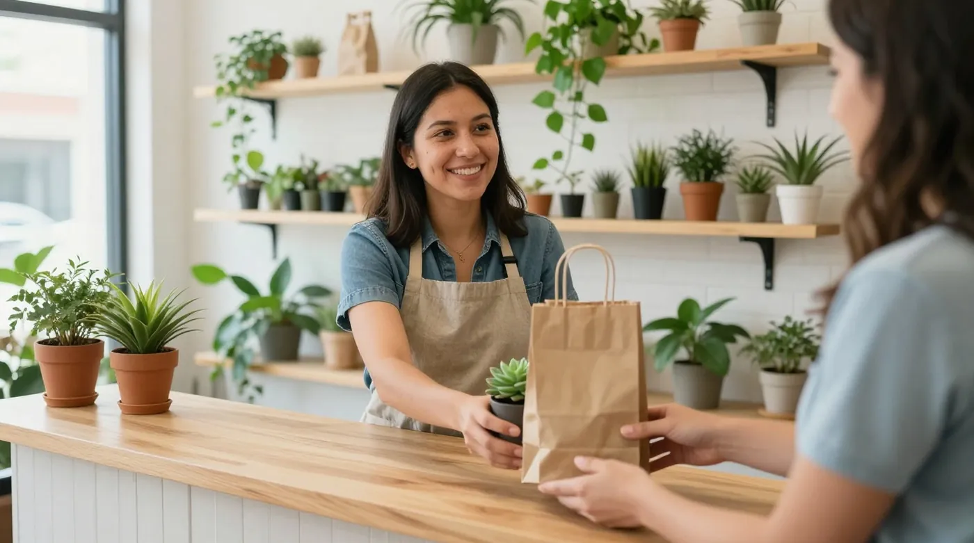 The owner of a newly opened plant shop hands a succulent in a paper bag to a customer across a wooden counter