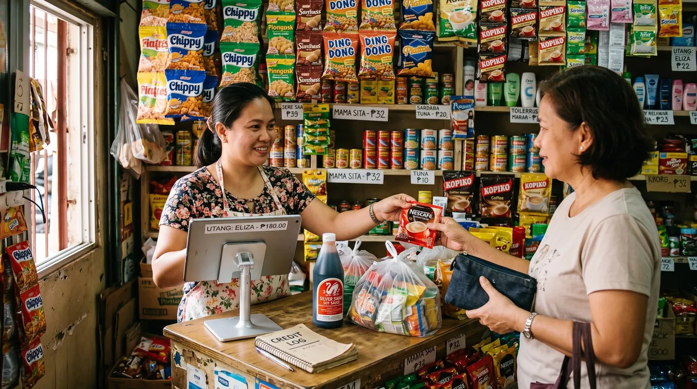 A small shop counter with a tablet point-of-sale and a card reader, a customer standing at the till