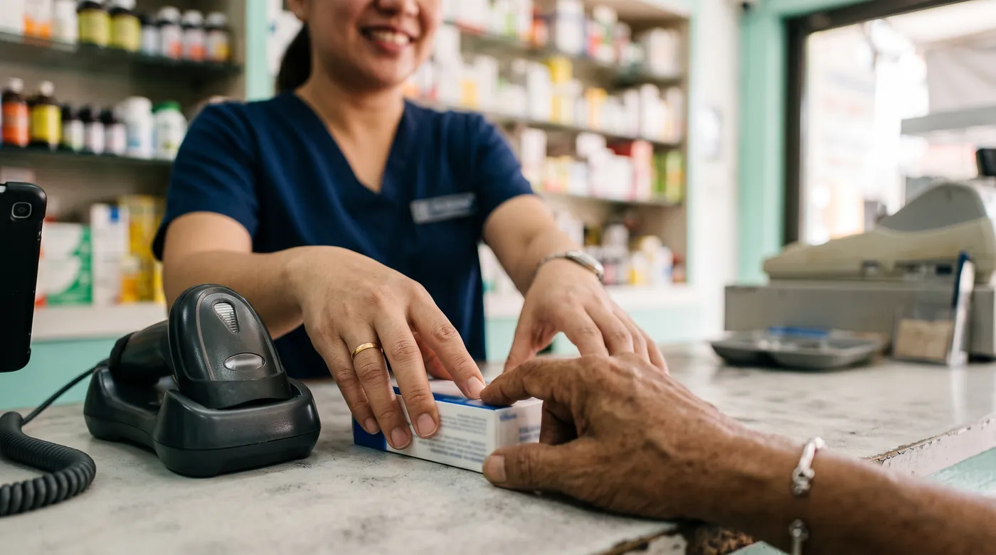 Pharmacist setting a medicine box down on the counter as the customer reaches for it, barcode scanner in its cradle beside her