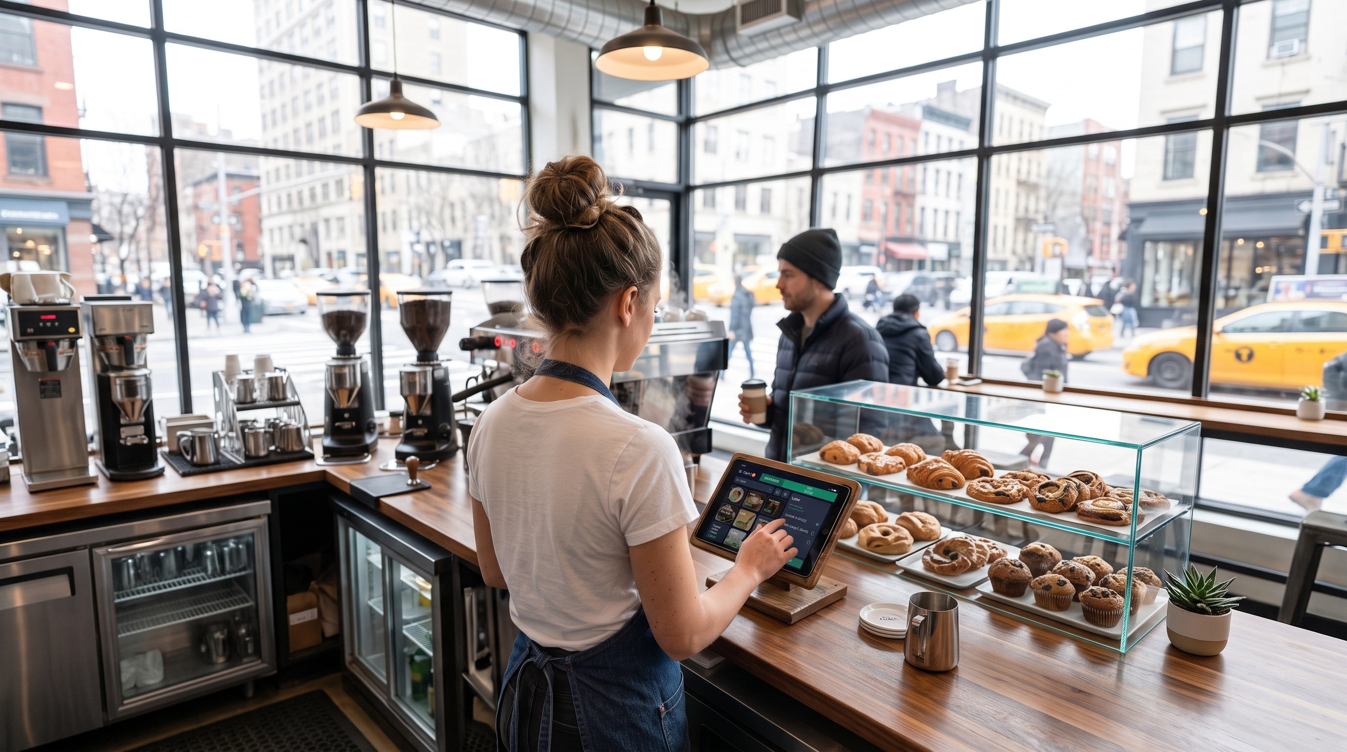 Bakery POS system on a tablet at the counter during the morning rush, with a display case of fresh pastries