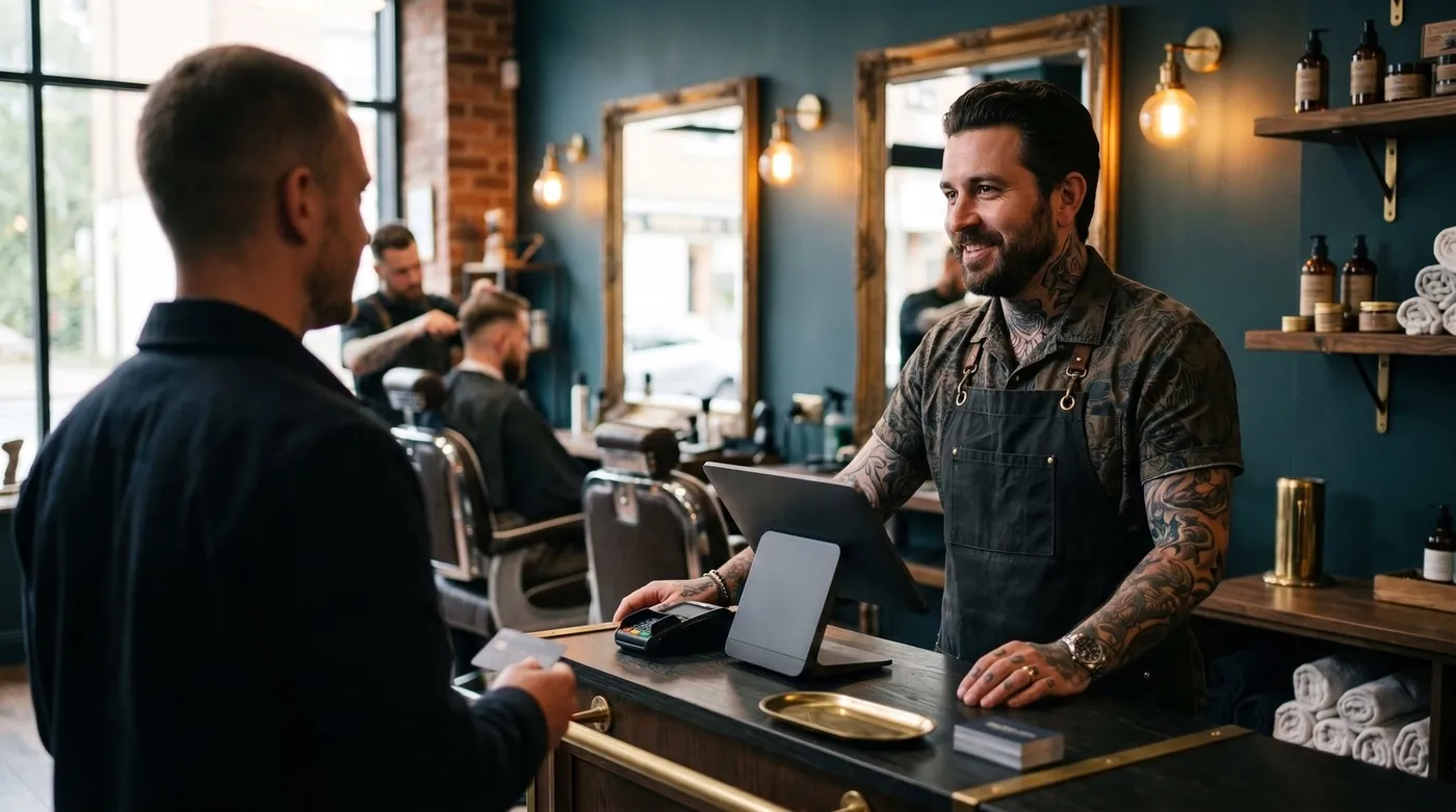 Small shop owner checking stock and using a POS tablet at the counter