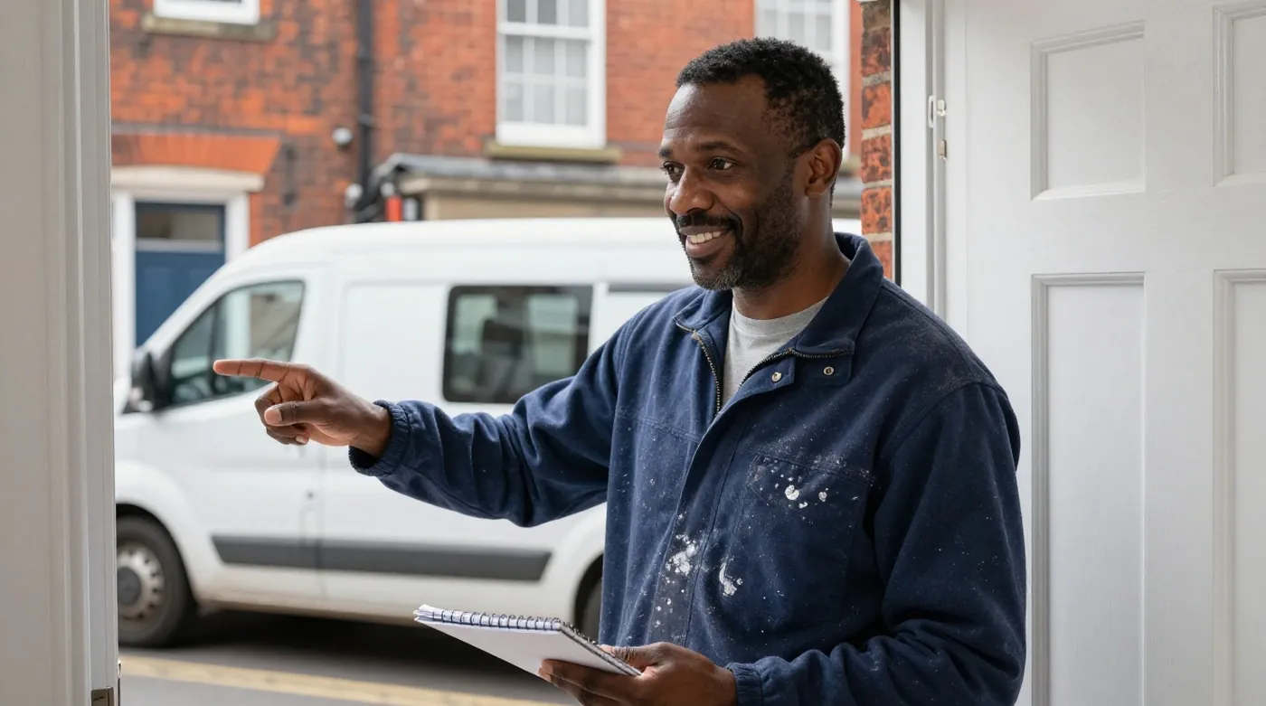 A self-employed painter and decorator introduces himself at a customer's front door on a terraced street, his van parked behind him