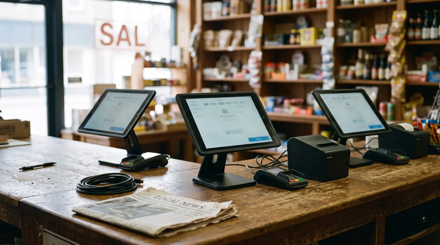 Three tablet tills lined up side by side on a shop counter, each with its own card reader, next to a receipt printer