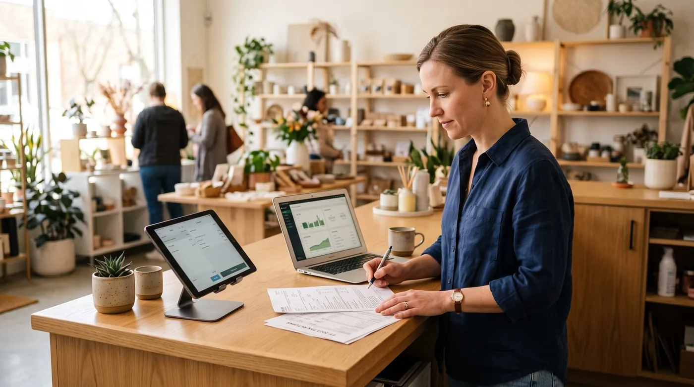 UK shop owner going through till receipts and paperwork at the counter, checking turnover figures