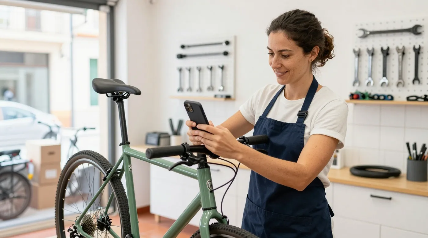 La dueña de un taller de bicicletas en Valencia usa el móvil junto a una bici recién reparada para actualizar la ficha de su negocio
