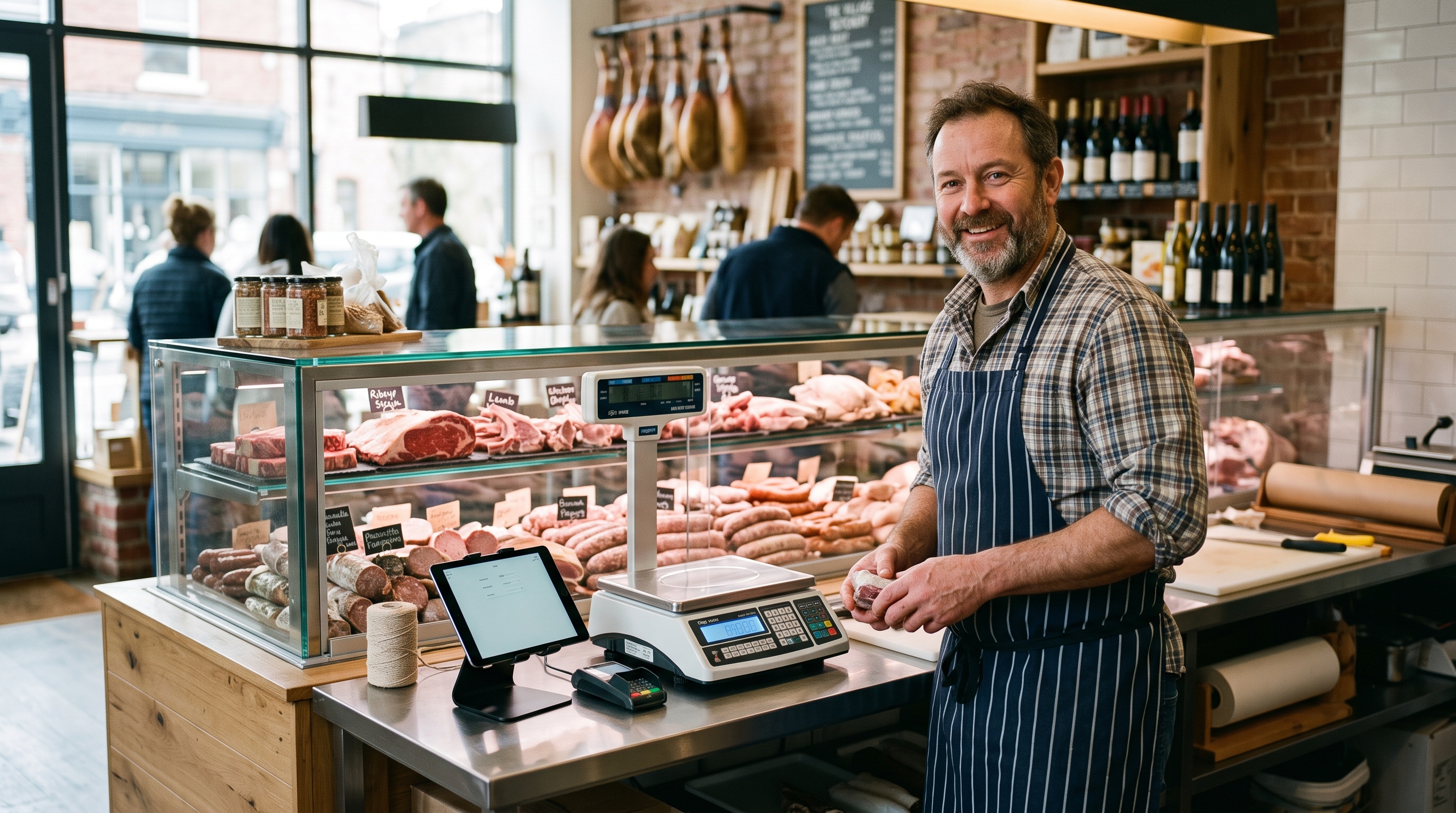 TPV para carnicería con balanza conectada vendiendo carne al peso en el mostrador