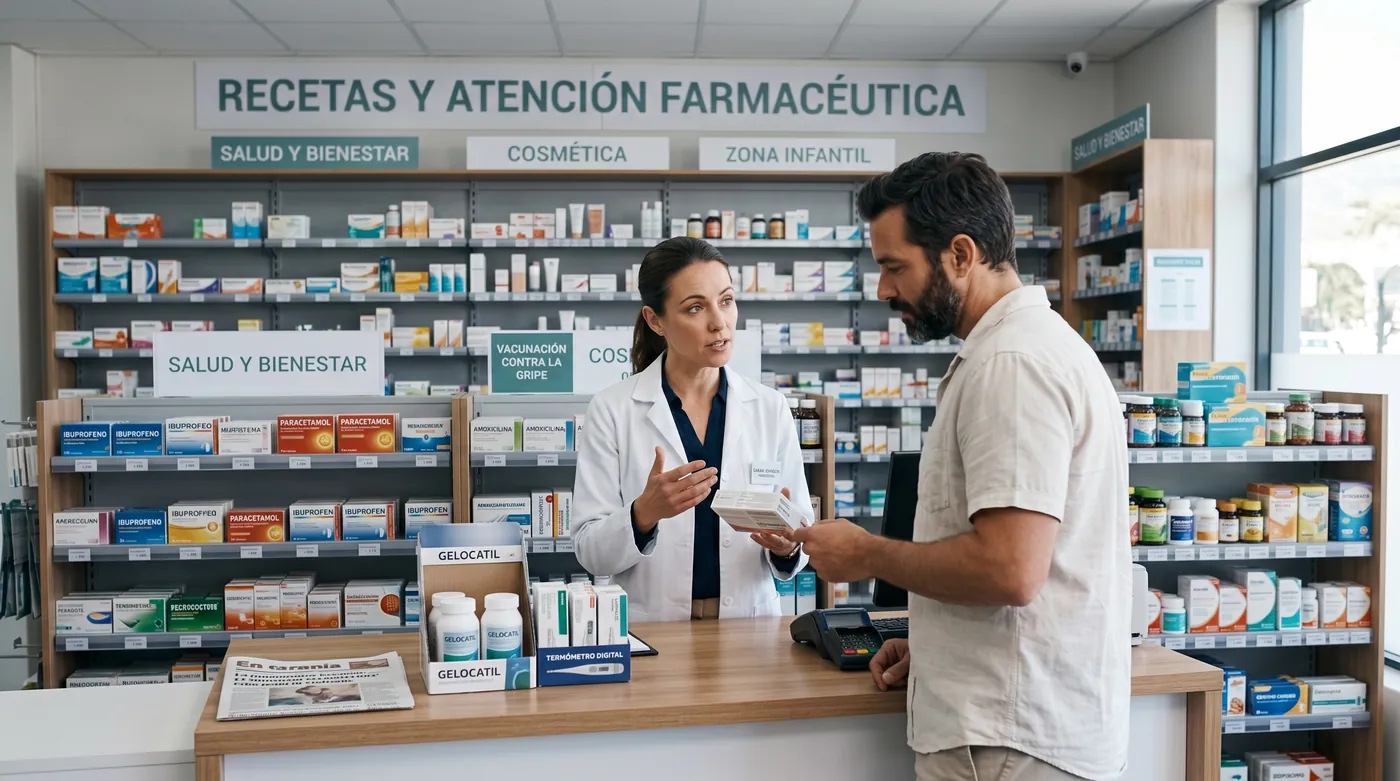 Farmacéutica explicando una caja de medicamento a un cliente en el mostrador de una farmacia moderna