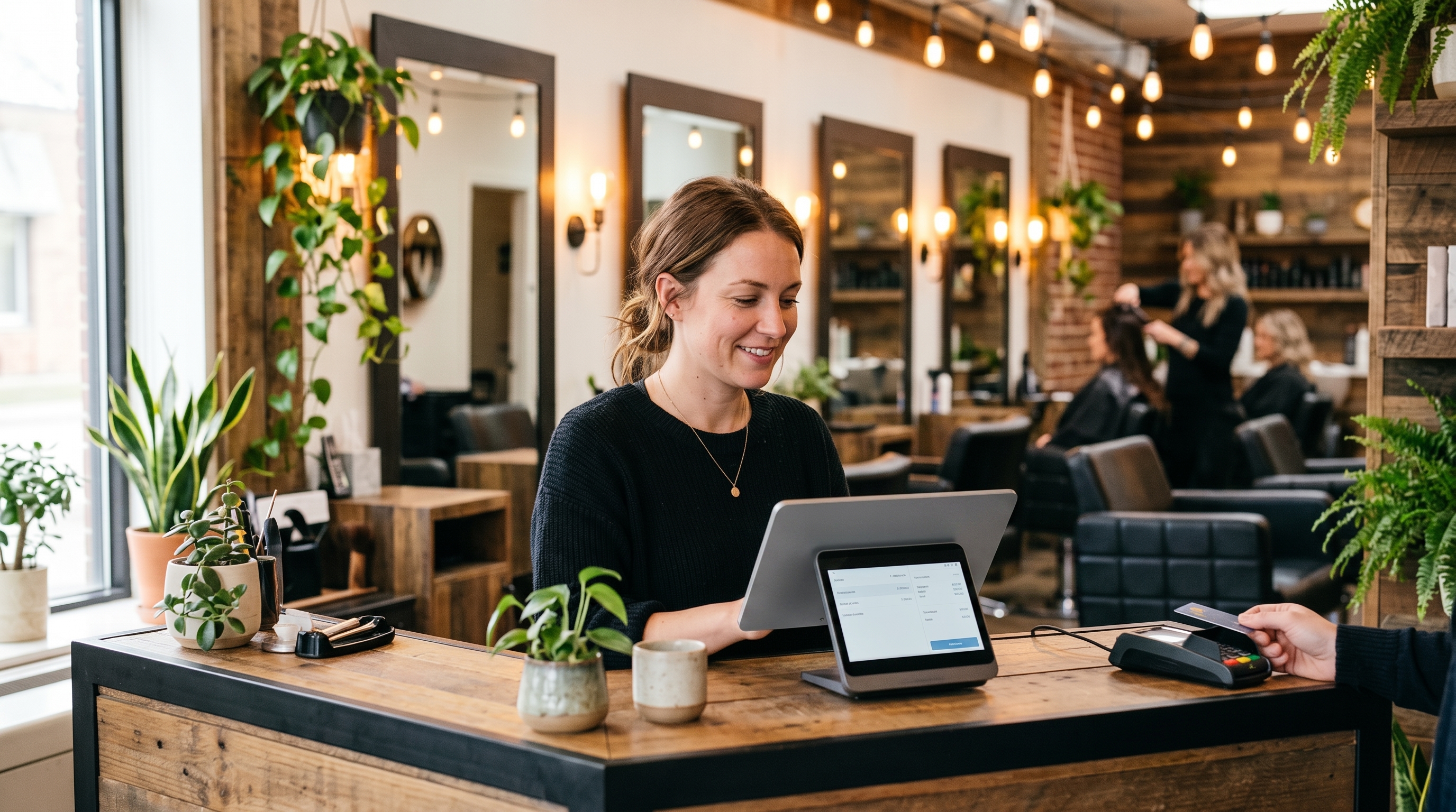 TPV para peluquería en la recepción de un salón de belleza moderno con tablet de punto de venta