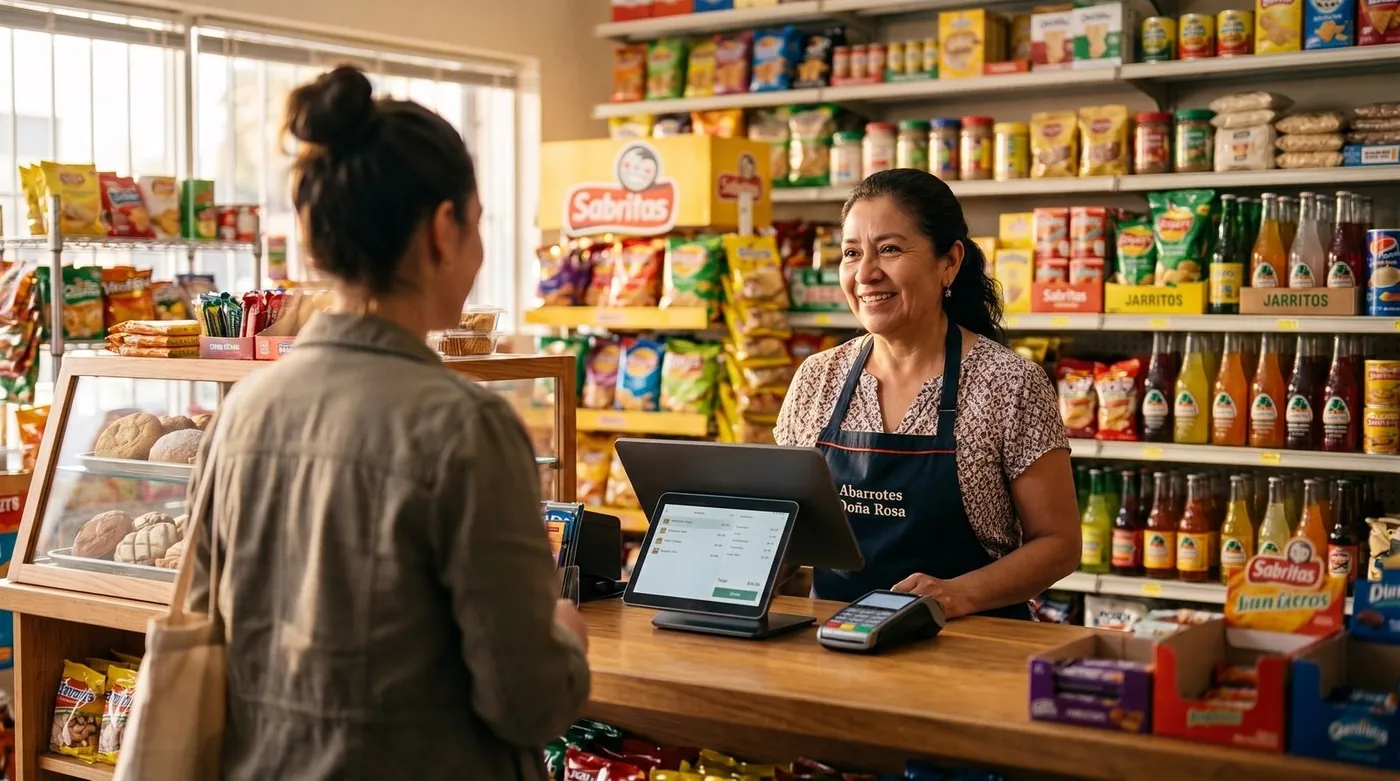 Punto de venta o TPV con tablet y lector de código de barras en el mostrador de una tienda de abarrotes con estanterías surtidas