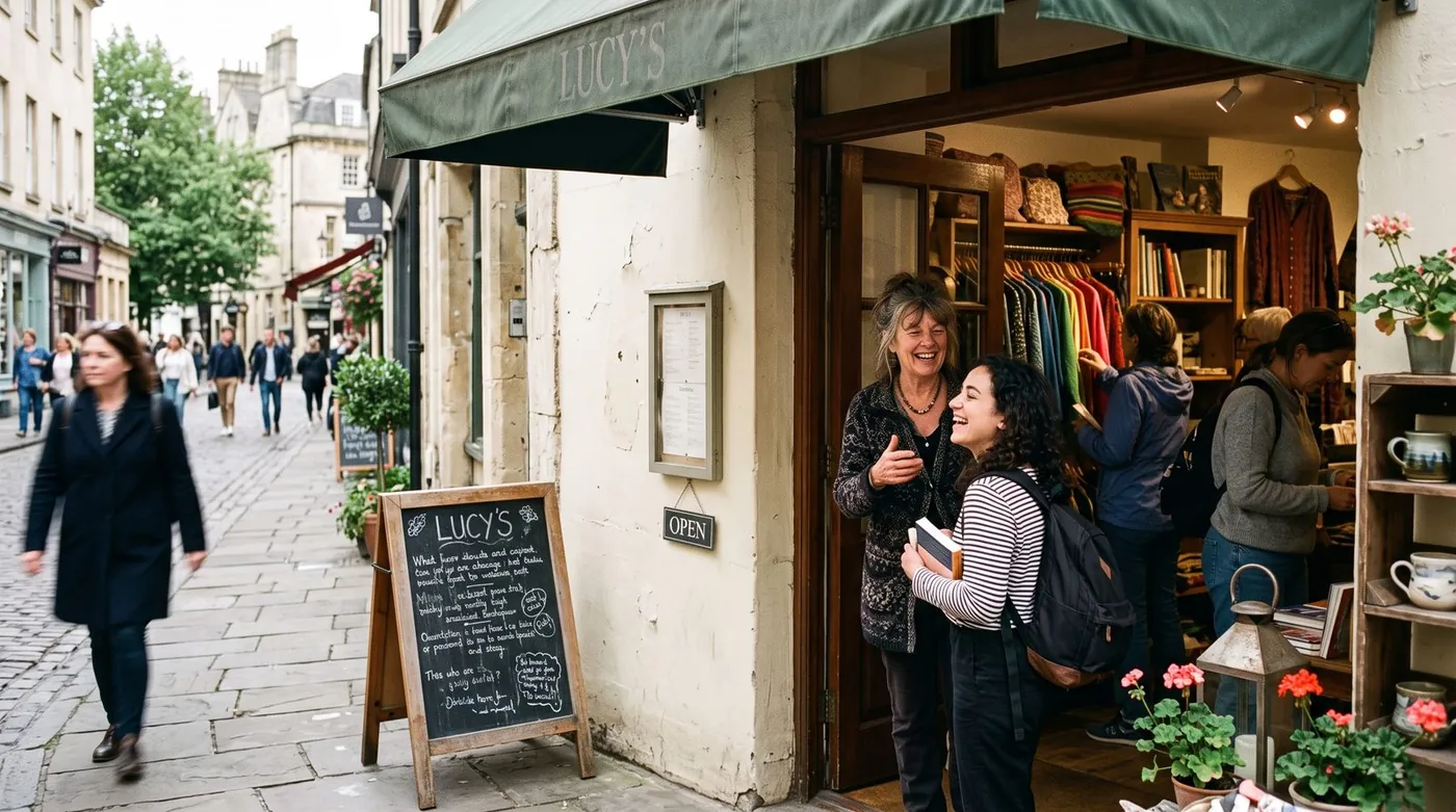Commerçante accueillant des clients dans sa boutique animée pour attirer plus de monde
