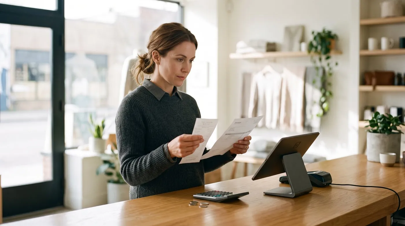 Commerçant contrarié examinant son relevé de frais de caisse derrière le comptoir, à côté d'une tablette tactile servant de caisse enregistreuse