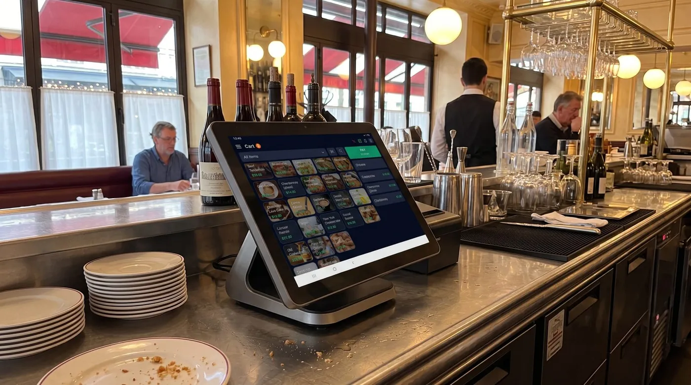 Barman utilisant un logiciel de caisse sur tablette tactile derrière le comptoir d'un bar animé