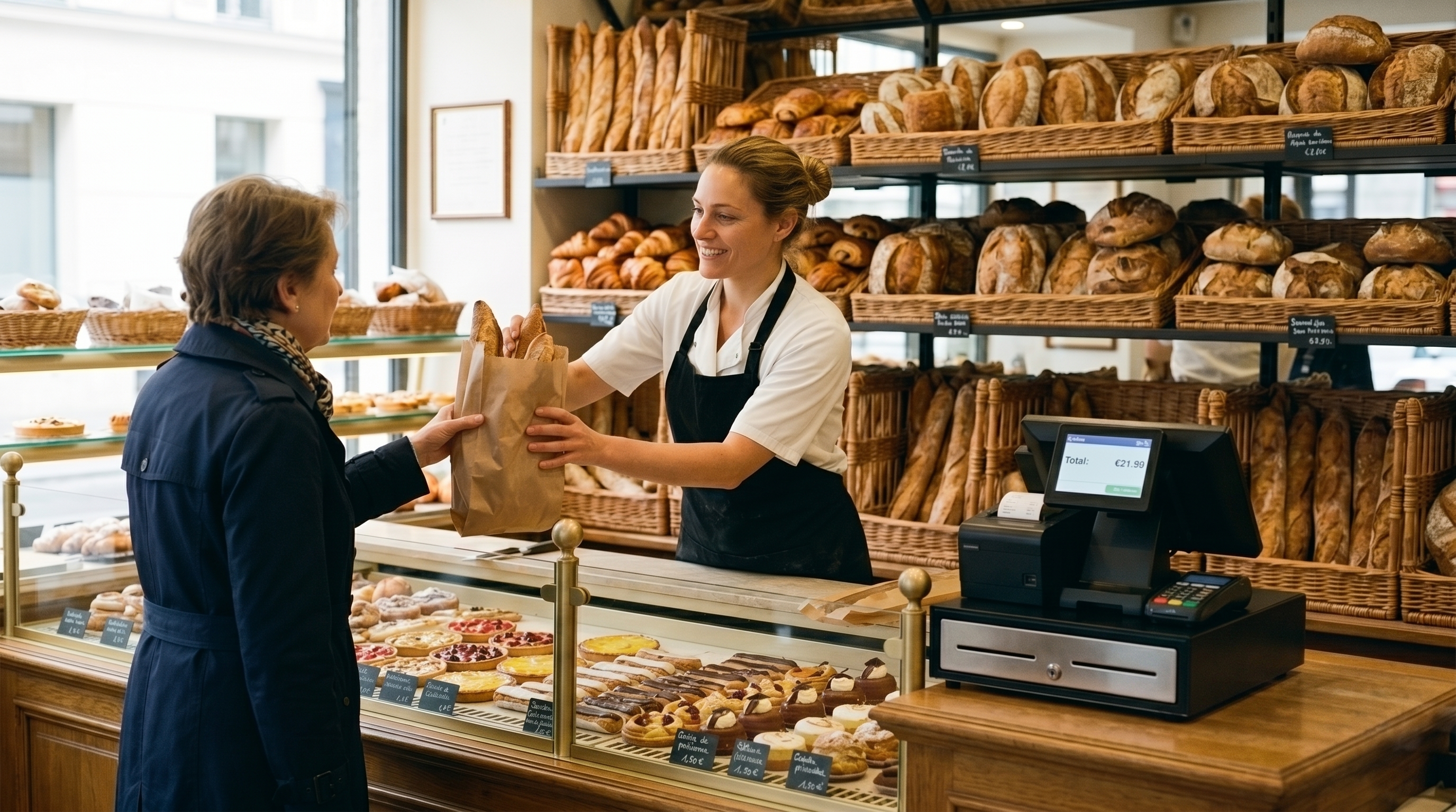 Logiciel de caisse boulangerie sur tablette tactile près d'une vitrine de pains et viennoiseries