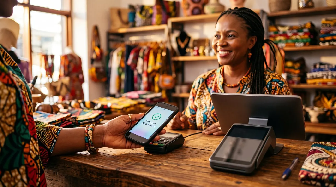Commerçante sénégalaise encaissant un paiement mobile dans sa boutique