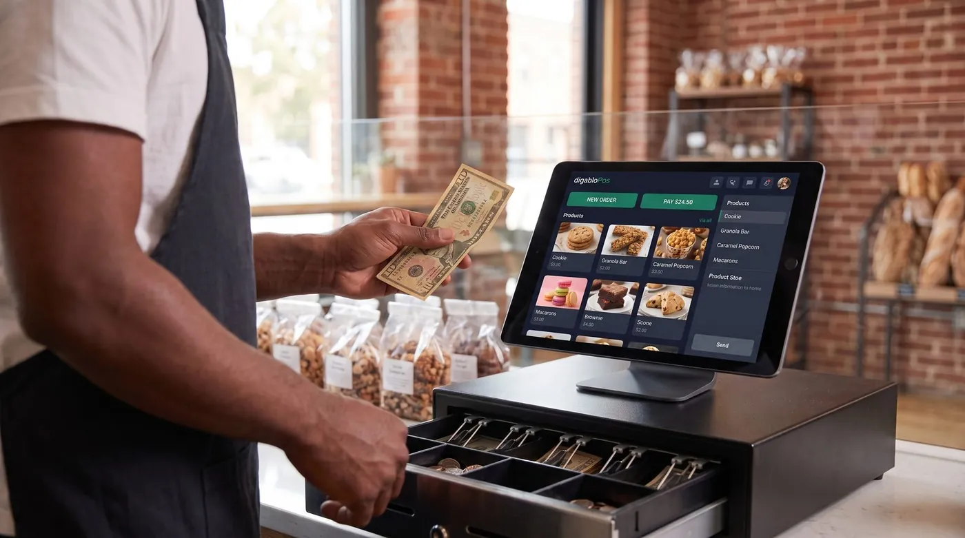 Logiciel de caisse chocolaterie sur tablette tactile devant une vitrine de chocolats et confiseries