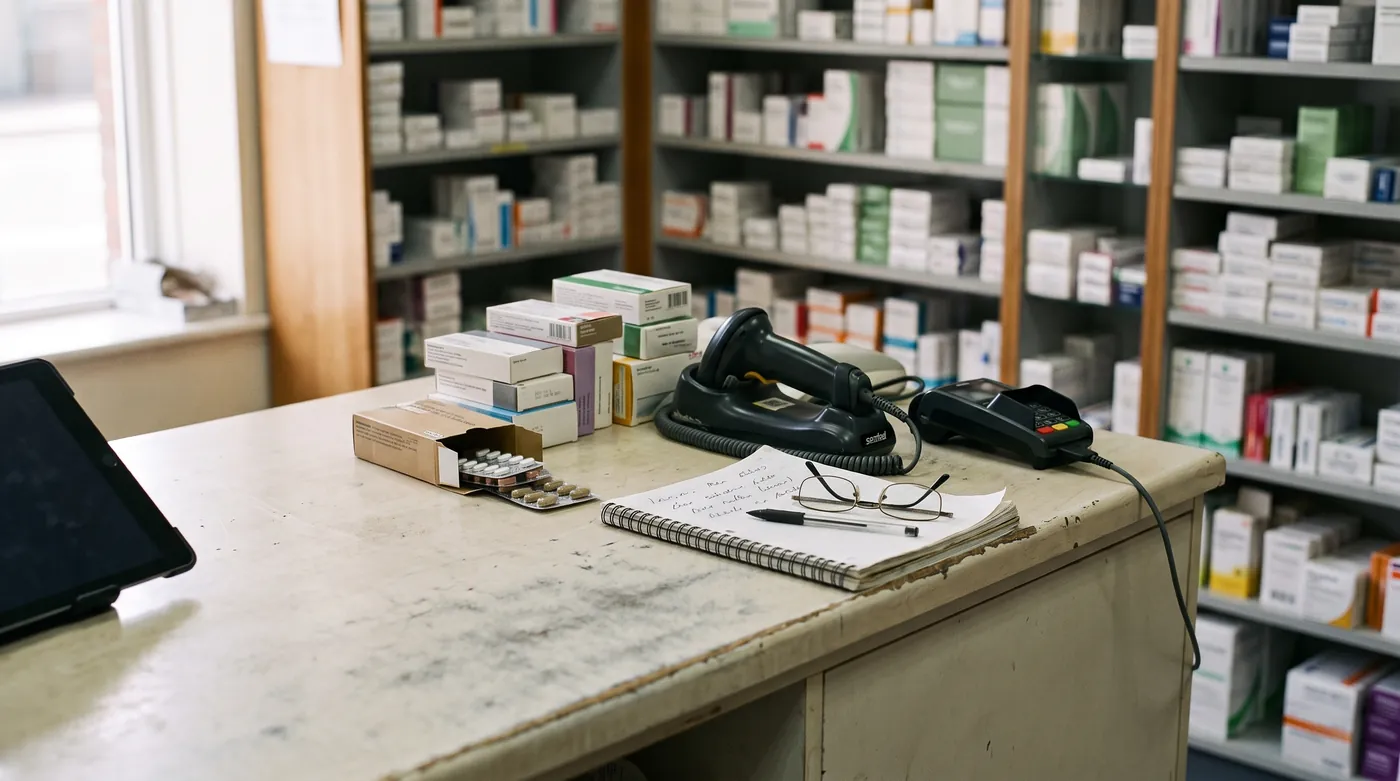 Comptoir d'officine avec des boîtes de médicaments, un blister entamé, un lecteur de code-barres et un terminal de paiement