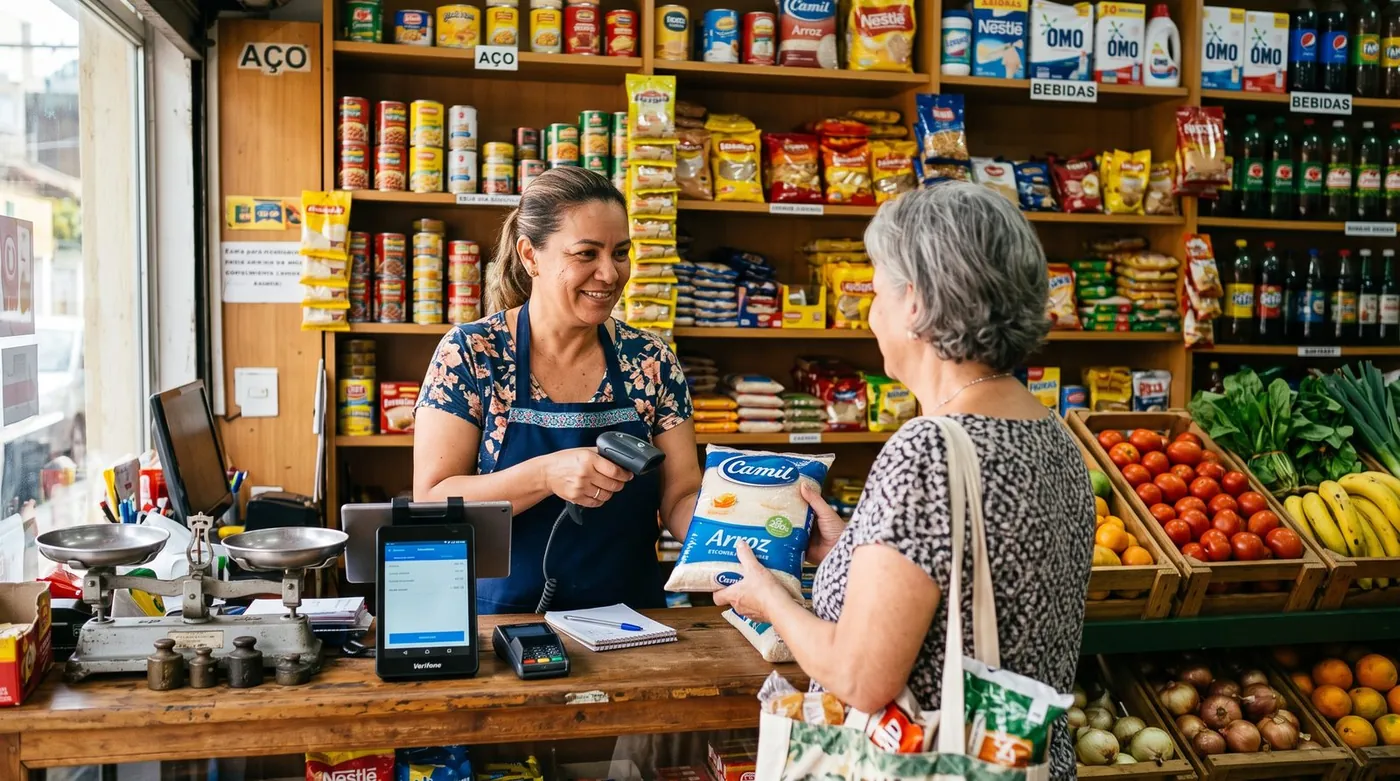 Étal de primeur coloré avec fruits et légumes frais, balance connectée et tablette de caisse tactile pour la vente au poids