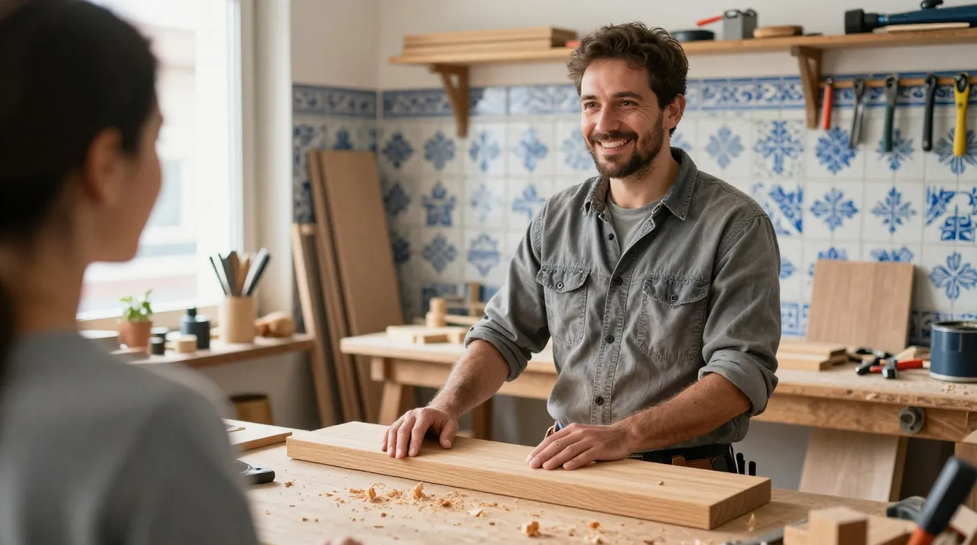 Um carpinteiro por conta própria recebe uma nova cliente na sua oficina no Porto, com azulejos azuis na parede