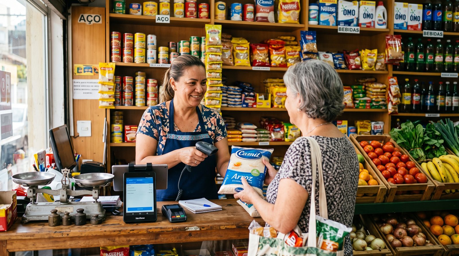 Dona de mercadinho fazendo controle de estoque com leitor de código de barras e PDV no balcão