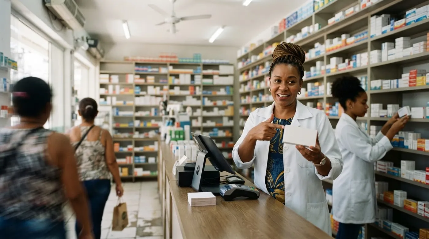 Farmacêutica apontando para uma caixa de medicamento no balcão, com um colega repondo prateleiras ao fundo