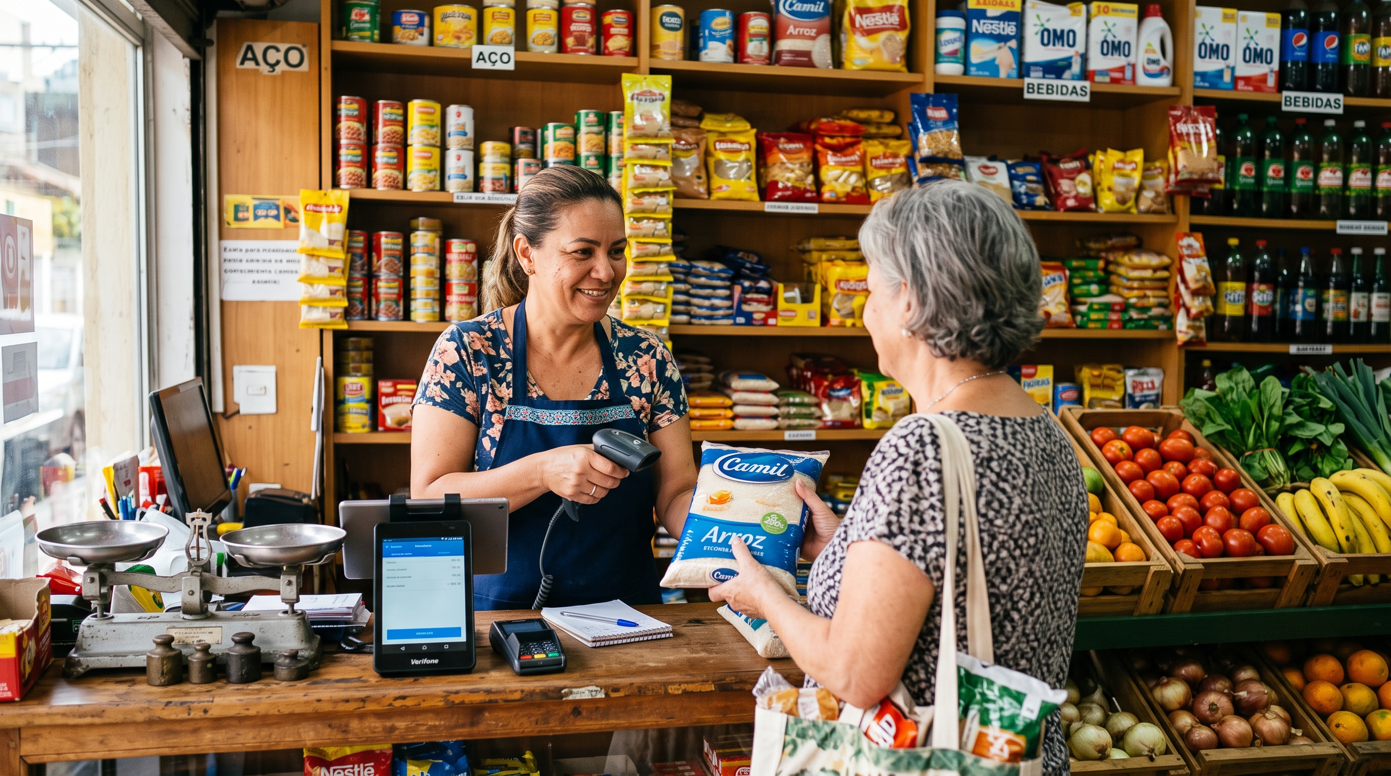 Atendente passa produtos no leitor de código de barras com tablet PDV no balcão de um mercadinho de bairro abastecido